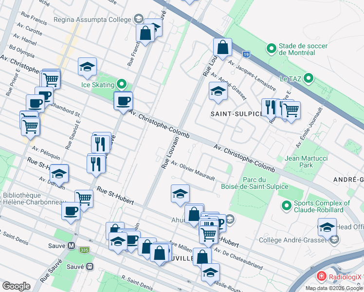 map of restaurants, bars, coffee shops, grocery stores, and more near 1080 Rue de Louvain Est in Montréal