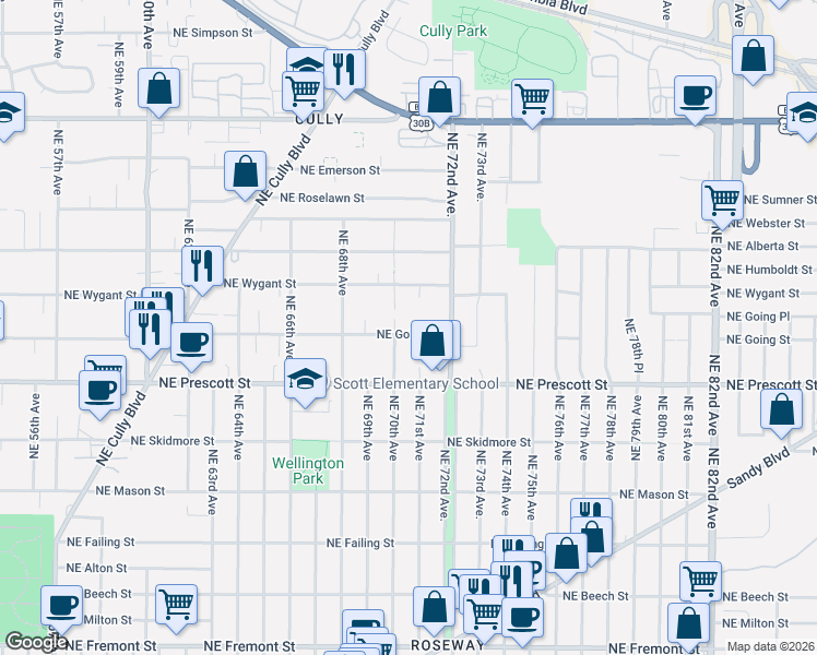 map of restaurants, bars, coffee shops, grocery stores, and more near 7024 Northeast Going Street in Portland