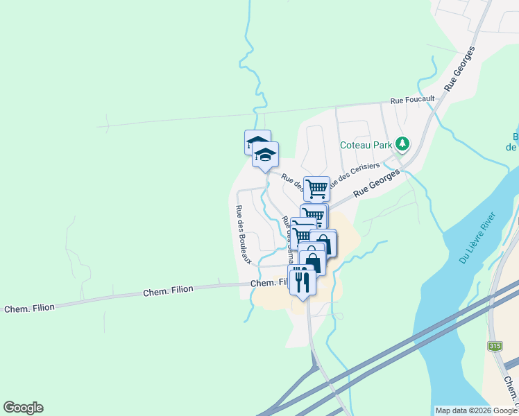 map of restaurants, bars, coffee shops, grocery stores, and more near 160 Rue des Aulnes in Gatineau