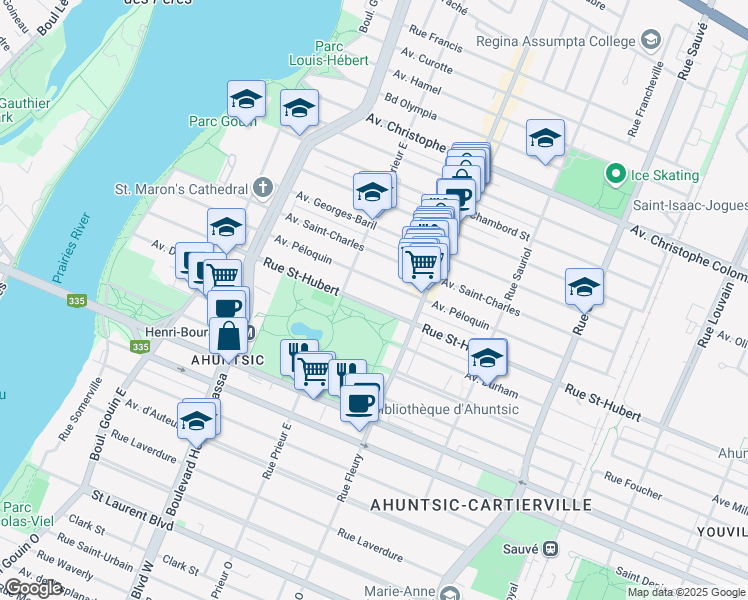 map of restaurants, bars, coffee shops, grocery stores, and more near 10419 Rue Saint-Hubert in Montréal