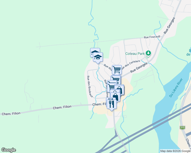 map of restaurants, bars, coffee shops, grocery stores, and more near 160 Rue des Aulnes in Gatineau