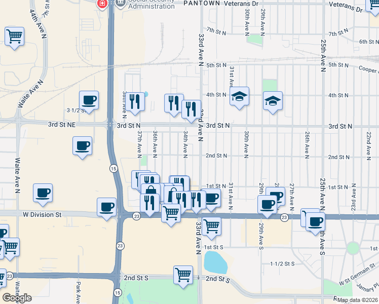 map of restaurants, bars, coffee shops, grocery stores, and more near 145 33rd Avenue South in St. Cloud