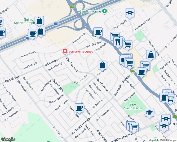 map of restaurants, bars, coffee shops, grocery stores, and more near 4183 Rue Benoit in Laval