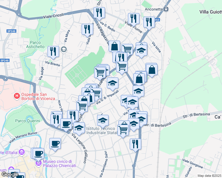 map of restaurants, bars, coffee shops, grocery stores, and more near 21 Via Alessandro Massaria in Vicenza