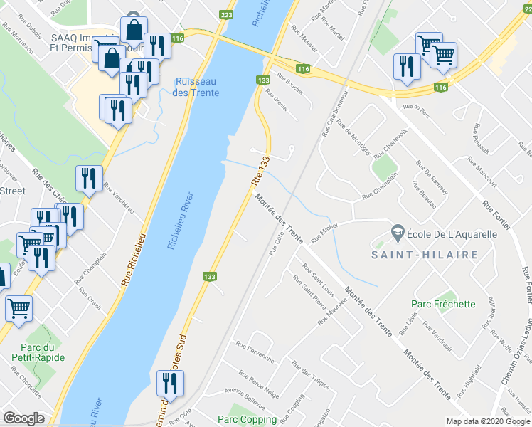 map of restaurants, bars, coffee shops, grocery stores, and more near 160 Montée des Trente in Mont-Saint-Hilaire