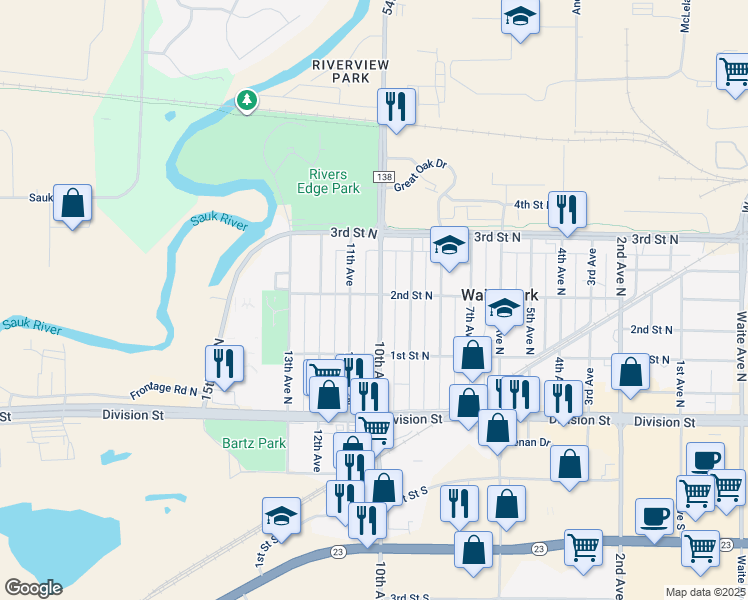 map of restaurants, bars, coffee shops, grocery stores, and more near in Waite Park