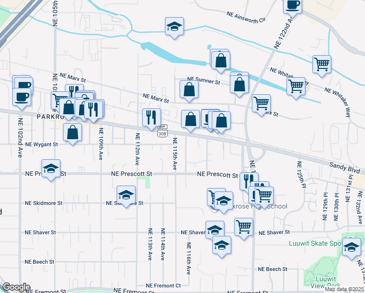 map of restaurants, bars, coffee shops, grocery stores, and more near 4610 Northeast 115th Avenue in Portland