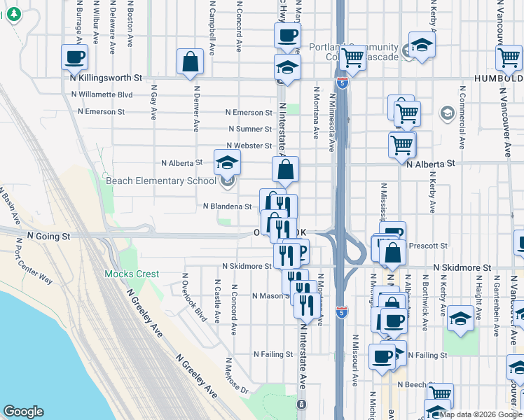 map of restaurants, bars, coffee shops, grocery stores, and more near 1549 North Blandena Street in Portland