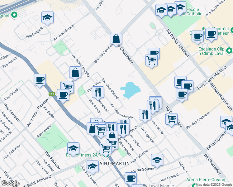 map of restaurants, bars, coffee shops, grocery stores, and more near 1865 Rue Jean-Picard in Laval