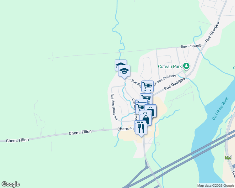 map of restaurants, bars, coffee shops, grocery stores, and more near 163 Rue des Aulnes in Gatineau