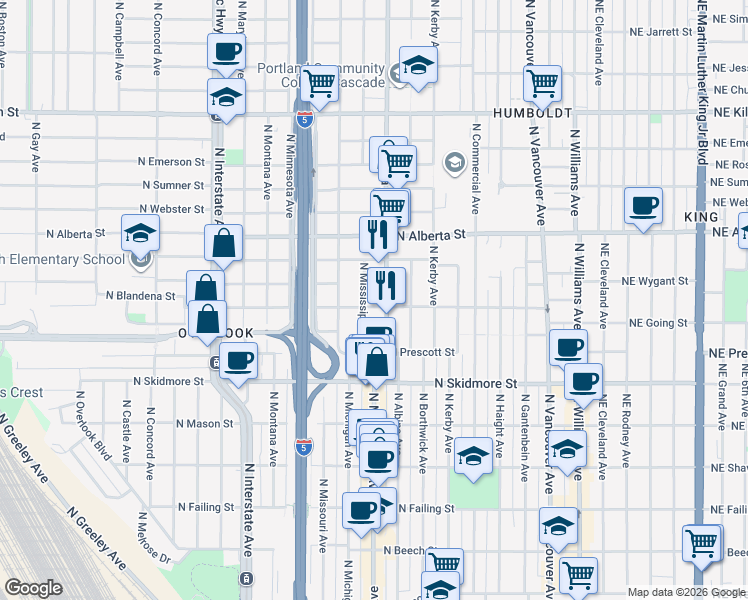 map of restaurants, bars, coffee shops, grocery stores, and more near 825 North Blandena Street in Portland