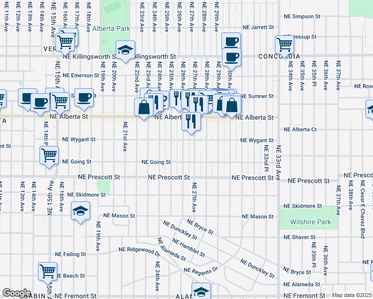 map of restaurants, bars, coffee shops, grocery stores, and more near 2611 Northeast Going Street in Portland