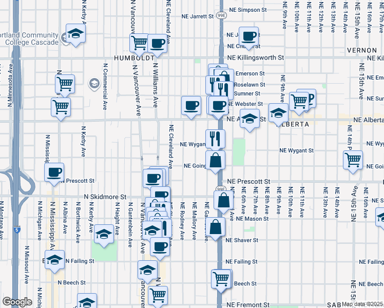 map of restaurants, bars, coffee shops, grocery stores, and more near 127 Northeast Going Street in Portland