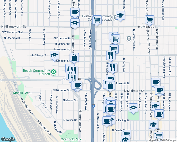 map of restaurants, bars, coffee shops, grocery stores, and more near 4623 North Minnesota Avenue in Portland