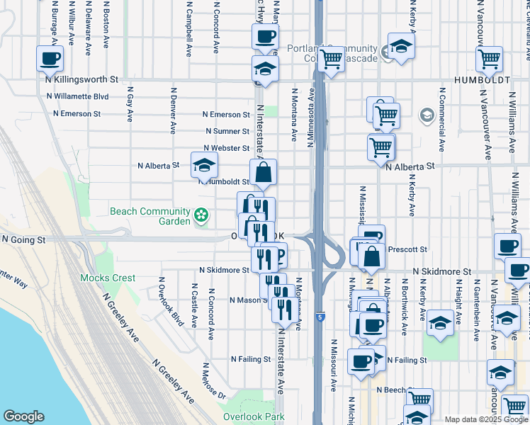 map of restaurants, bars, coffee shops, grocery stores, and more near in Portland