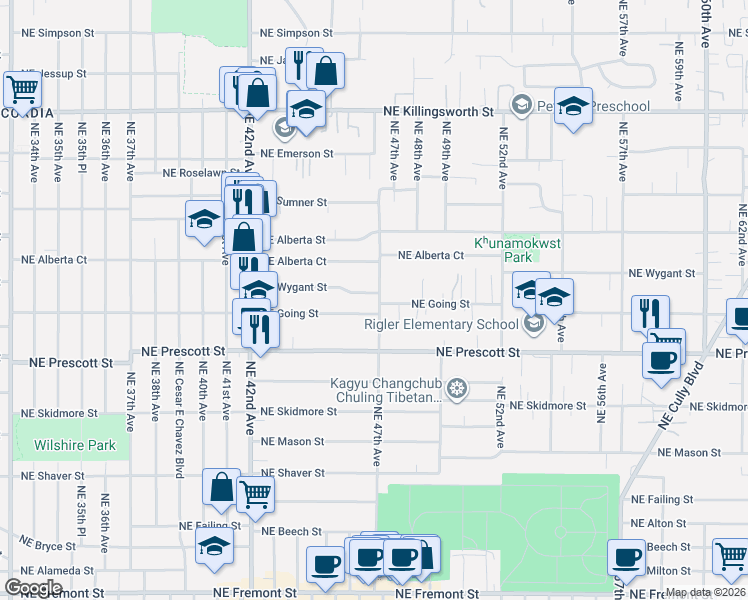 map of restaurants, bars, coffee shops, grocery stores, and more near 4546 Northeast 47th Avenue in Portland