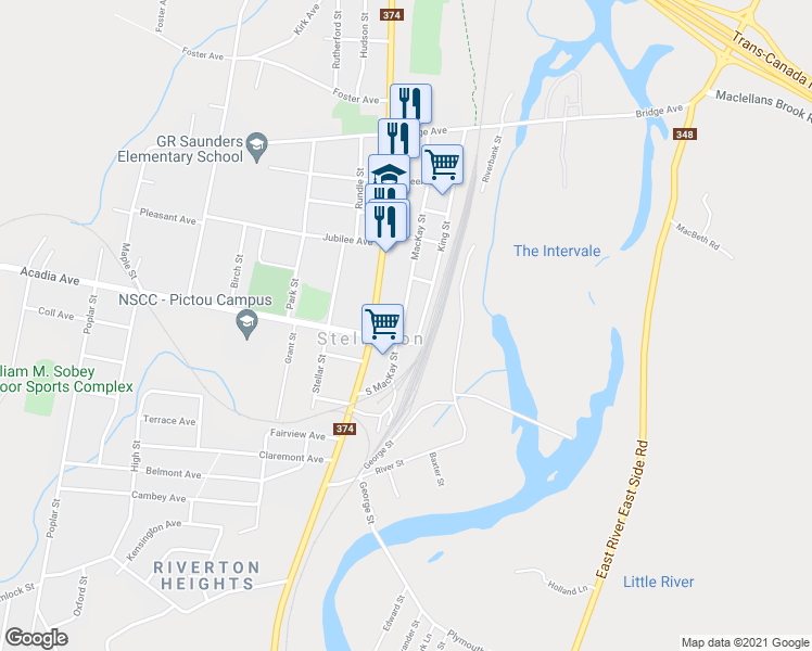 map of restaurants, bars, coffee shops, grocery stores, and more near 165 Mackay Street in Stellarton