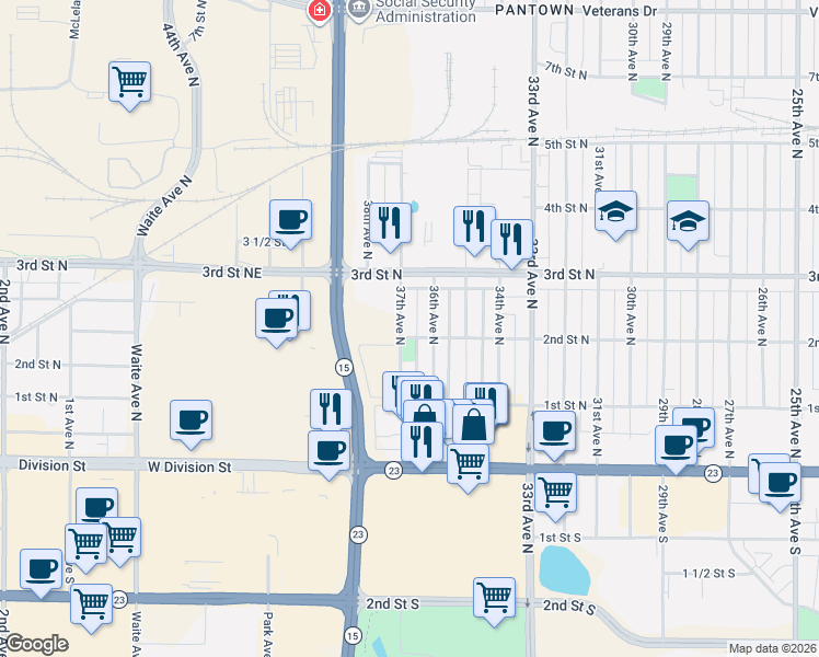 map of restaurants, bars, coffee shops, grocery stores, and more near 140 37th Avenue North in St. Cloud