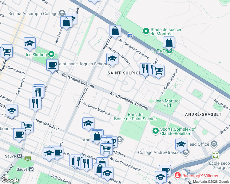 map of restaurants, bars, coffee shops, grocery stores, and more near 9207 Avenue Christophe-Colomb in Montréal
