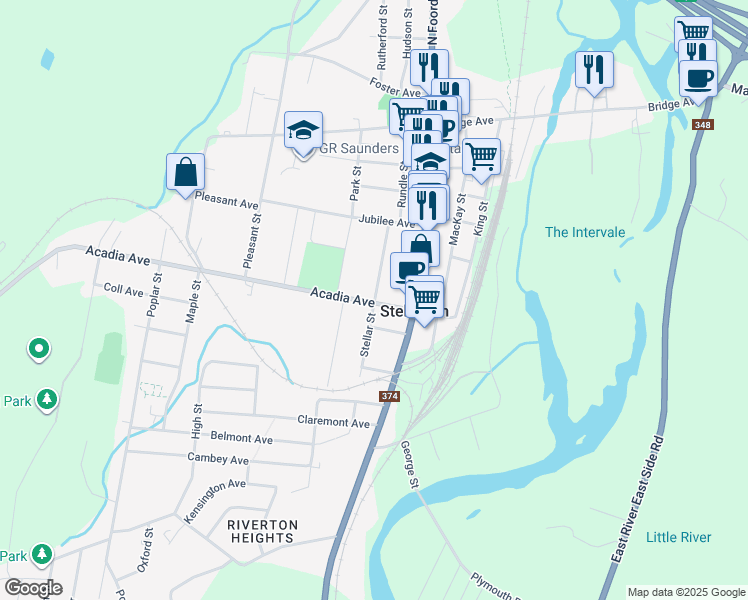 map of restaurants, bars, coffee shops, grocery stores, and more near Stellar Street in Stellarton
