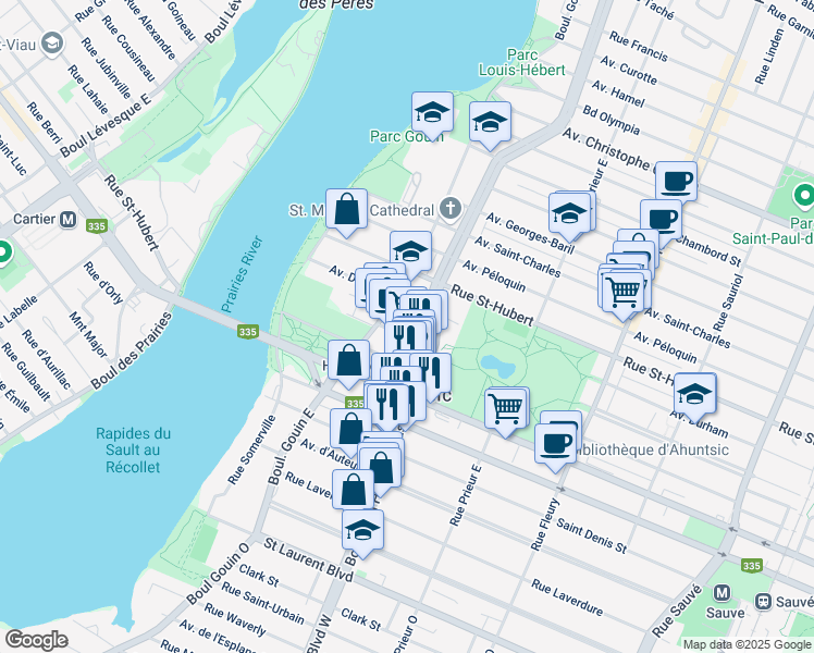 map of restaurants, bars, coffee shops, grocery stores, and more near 599 Boulevard Henri-Bourassa Est in Montréal