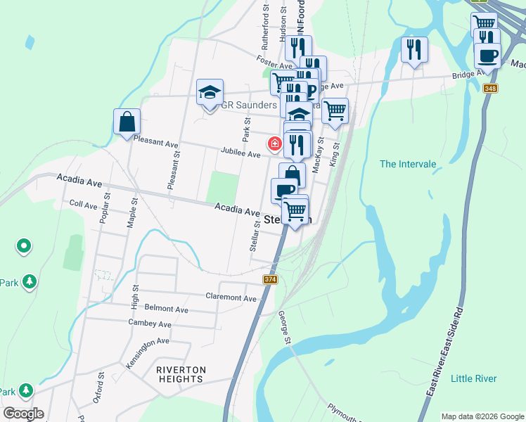 map of restaurants, bars, coffee shops, grocery stores, and more near 28 Acadia Avenue in Stellarton