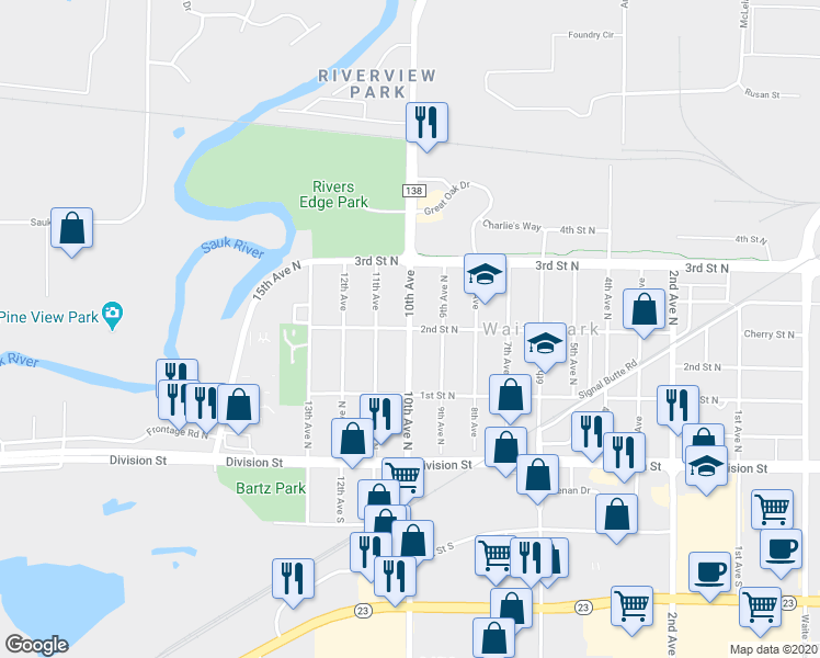map of restaurants, bars, coffee shops, grocery stores, and more near 218 10th Avenue North in Waite Park