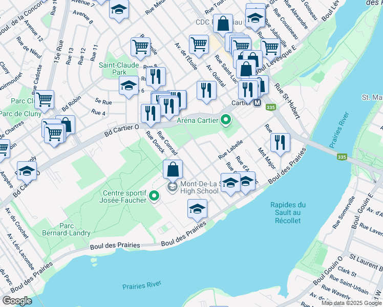 map of restaurants, bars, coffee shops, grocery stores, and more near 95 Rue du Pontmain in Laval