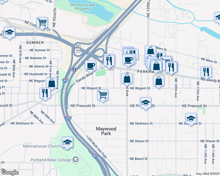 map of restaurants, bars, coffee shops, grocery stores, and more near 4616 Northeast 99th Avenue in Portland