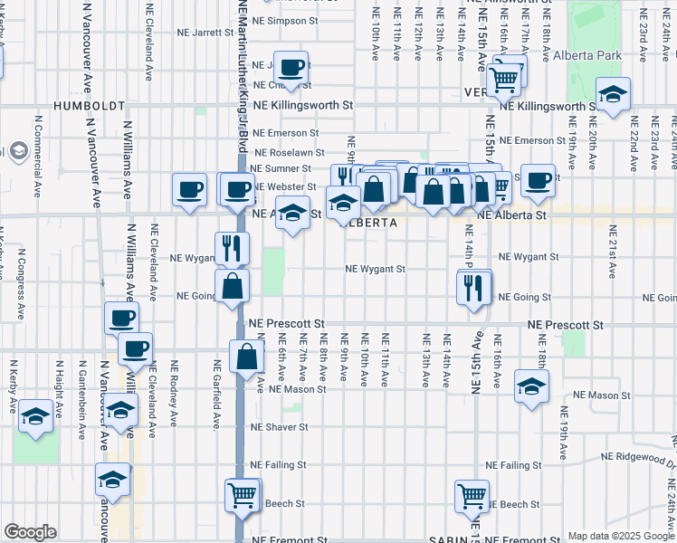 map of restaurants, bars, coffee shops, grocery stores, and more near 907 Northeast Going Street in Portland
