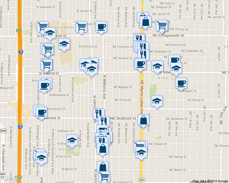 map of restaurants, bars, coffee shops, grocery stores, and more near 4606 Northeast Cleveland Avenue in Portland