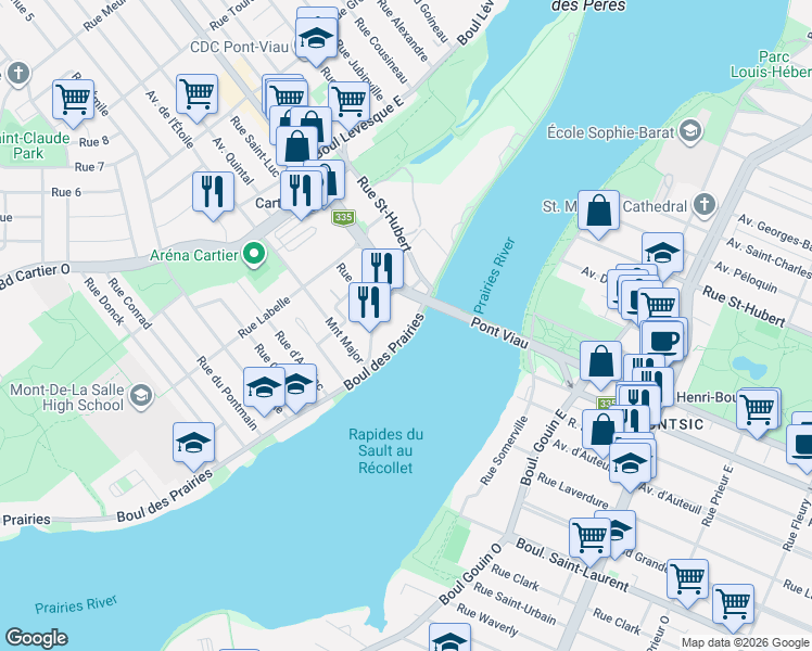 map of restaurants, bars, coffee shops, grocery stores, and more near 9 Boulevard des Prairies in Laval