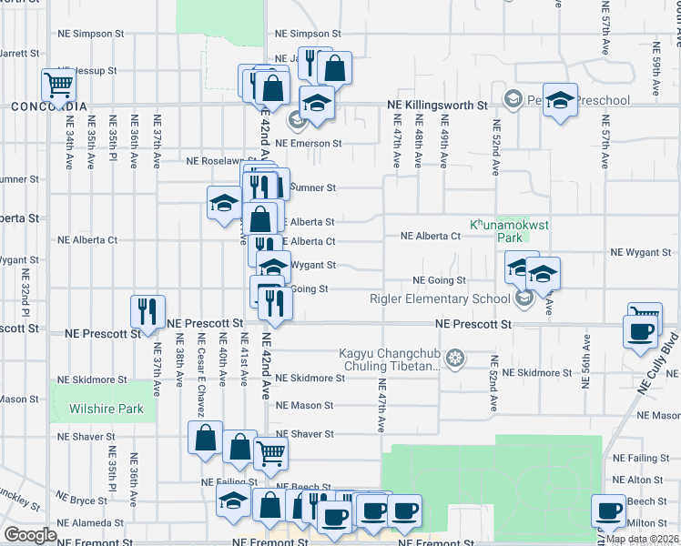 map of restaurants, bars, coffee shops, grocery stores, and more near 4510 Northeast Wygant Street in Portland