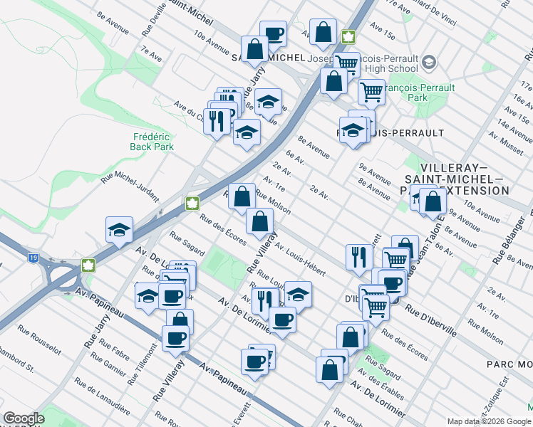 map of restaurants, bars, coffee shops, grocery stores, and more near 7763 Rue D'Iberville in Montréal