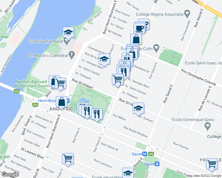 map of restaurants, bars, coffee shops, grocery stores, and more near 10362 Avenue Péloquin in Montréal