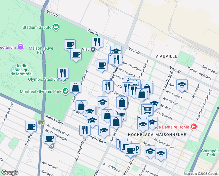map of restaurants, bars, coffee shops, grocery stores, and more near 4550 Rue Hochelaga in Montréal
