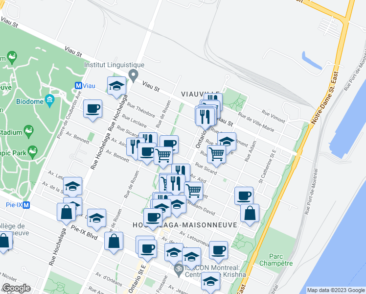 map of restaurants, bars, coffee shops, grocery stores, and more near 2072 Rue Leclaire in Montréal