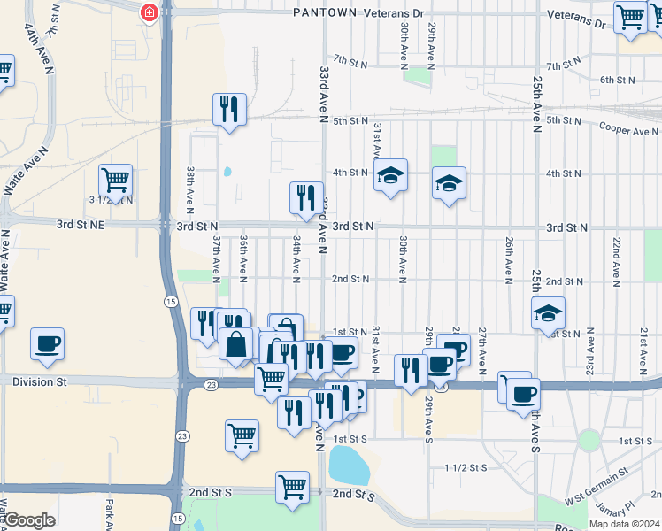 map of restaurants, bars, coffee shops, grocery stores, and more near 210 33rd Avenue North in Saint Cloud