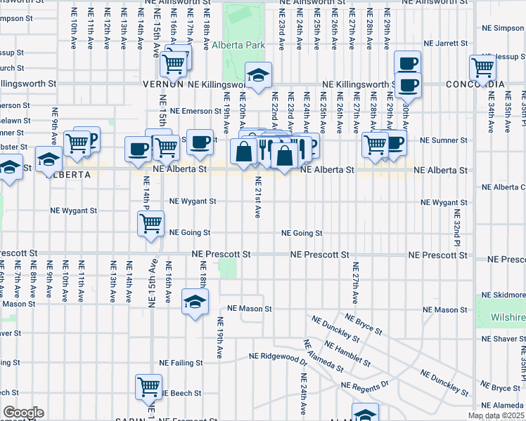 map of restaurants, bars, coffee shops, grocery stores, and more near 4811 Northeast 22nd Avenue in Portland