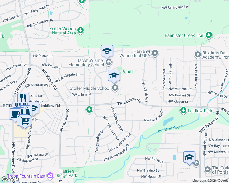 map of restaurants, bars, coffee shops, grocery stores, and more near 14141 Northwest Laidlaw Road in Portland