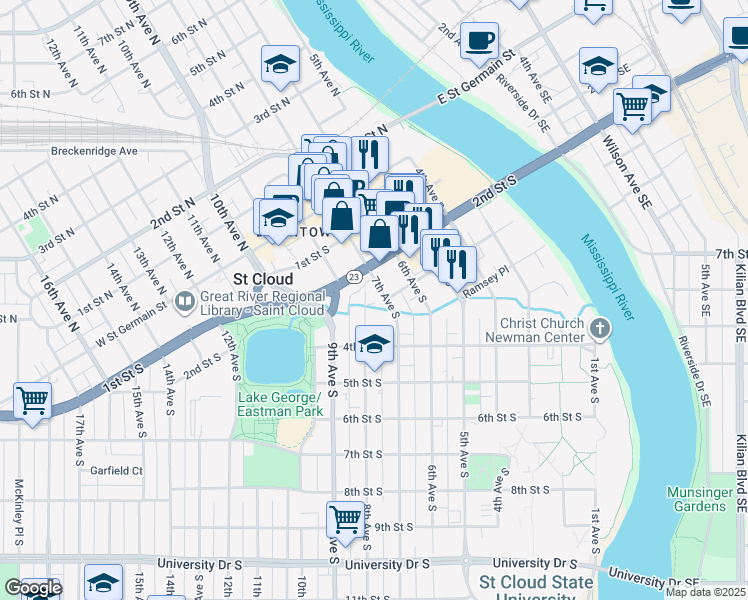 map of restaurants, bars, coffee shops, grocery stores, and more near 212 7th Avenue South in St. Cloud