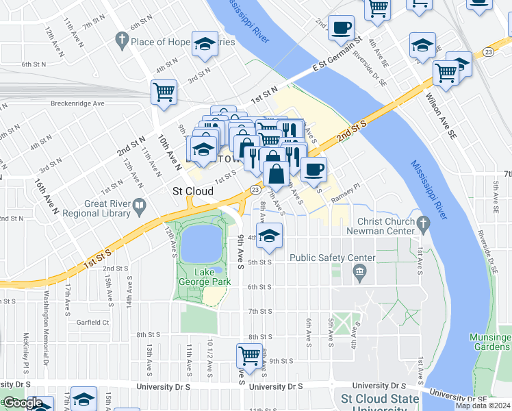 map of restaurants, bars, coffee shops, grocery stores, and more near 201 8th Avenue South in St. Cloud