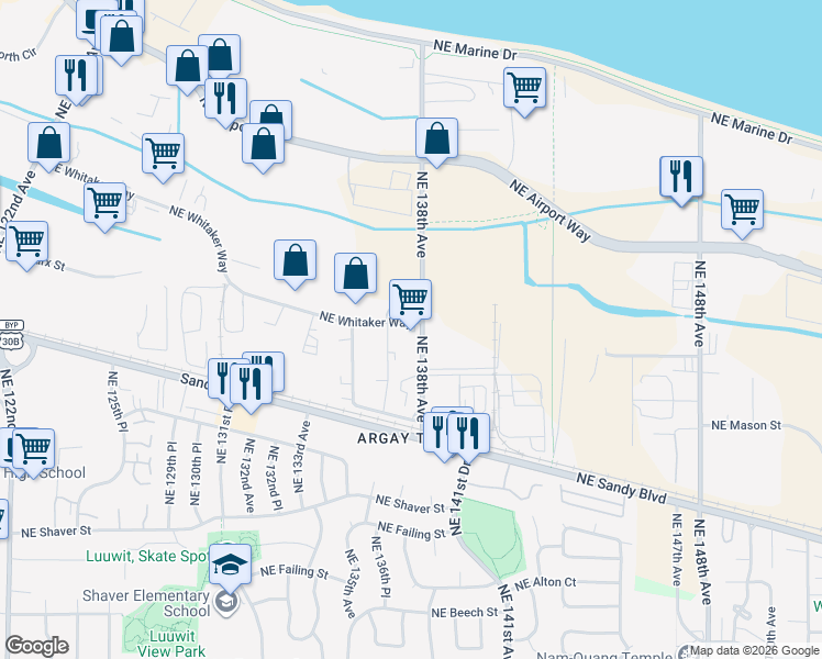 map of restaurants, bars, coffee shops, grocery stores, and more near 13730 Northeast Whitaker Way in Portland