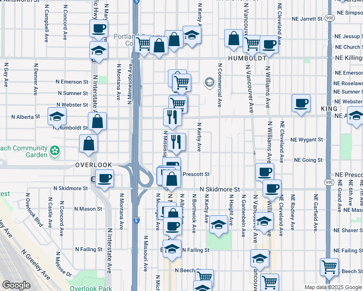 map of restaurants, bars, coffee shops, grocery stores, and more near 4732 North Albina Avenue in Portland