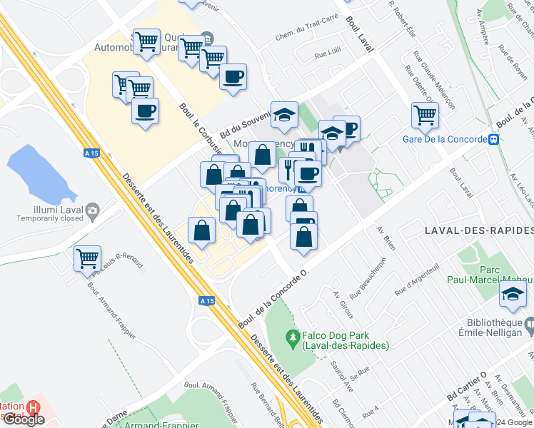 map of restaurants, bars, coffee shops, grocery stores, and more near 777 Boulevard le Corbusier in Laval