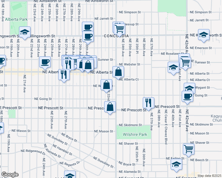 map of restaurants, bars, coffee shops, grocery stores, and more near 4718 Northeast 32nd Place in Portland