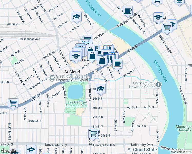 map of restaurants, bars, coffee shops, grocery stores, and more near 223 8th Avenue South in St. Cloud