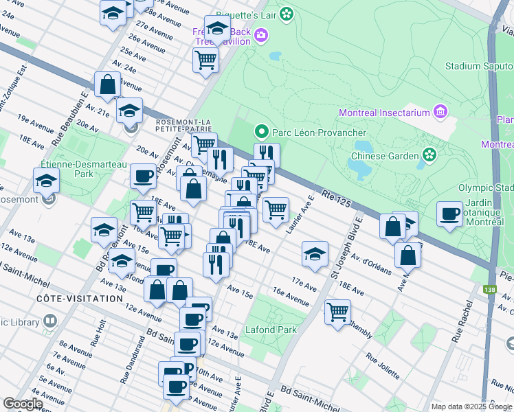 map of restaurants, bars, coffee shops, grocery stores, and more near 3930 Rue Masson in Montréal