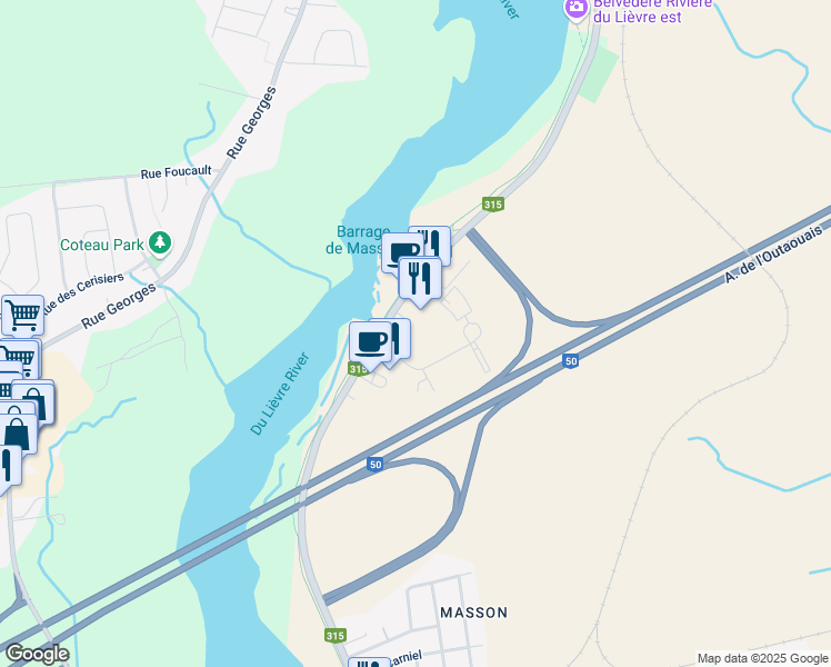 map of restaurants, bars, coffee shops, grocery stores, and more near 1011 Chemin de Masson in Gatineau