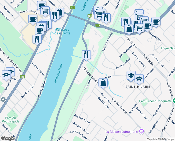 map of restaurants, bars, coffee shops, grocery stores, and more near 167 Montée des Trente in Mont-Saint-Hilaire